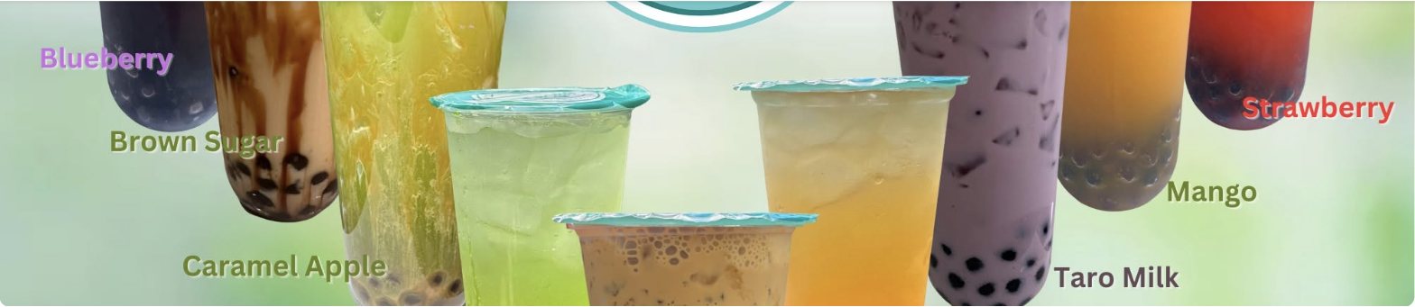 KFAM Sweets bubble tea flavor lineup — Blueberry, Brown Sugar, Caramel Apple, Strawberry, Mango, and Taro Milk